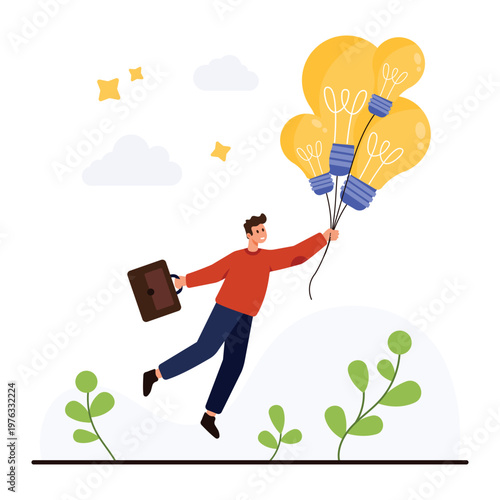 Creative entrepreneur holding briefcase lifted by light bulb balloons symbolizing innovation, project development, and successful ideas on an isolated white background vector illustration