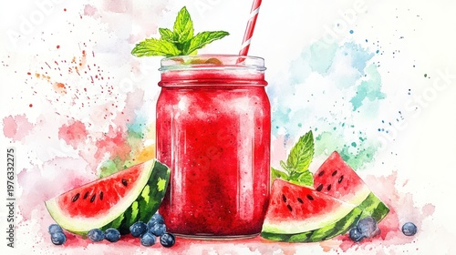 Watercolor smoothie art: refreshing watermelon and blueberry drink in a jar with mint, fruit slices, and artistic splashes.