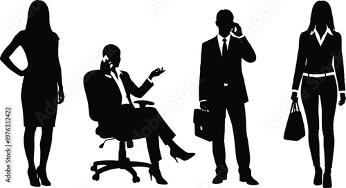 Business professional silhouettes featuring a diverse corporate team including a woman standing, a seated manager on a phone call, and an executive with a briefcase.