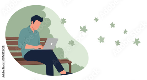 Illustration of man sitting on a park bench using a laptop with autumn leaves falling around him, symbolizing remote work or study in nature