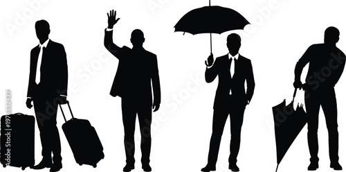 Business travel silhouette illustration featuring professionals with suitcase, waving gesture, and umbrella, symbolizing corporate lifestyle, commuting, teamwork, and professional diversity in modern 