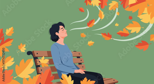 Illustration of person sitting on a park bench, eyes closed, enjoying the autumn breeze with falling leaves, symbolizing peace and season
