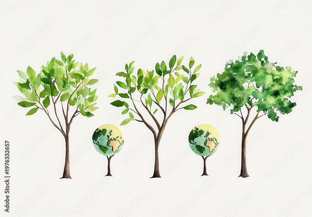 Fototapeta premium Watercolor tree grove with copy space, green foliage, earth globe, nature conservation