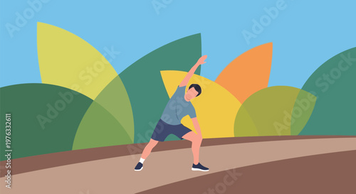 Illustration of man stretching outdoors on a path with abstract green and yellow shapes in the background, representing physical fitness and an active lifestyle