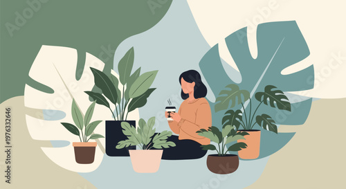 Illustration of woman sitting among potted houseplants, holding a cup of coffee and enjoying a moment of calm and relaxation