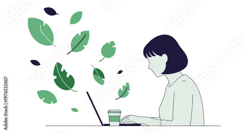 Illustration of woman working on a laptop with green leaves swirling around her, symbolizing inspiration and fresh ideas