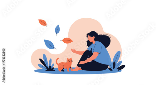 Illustration of young woman sitting on the ground with an orange cat in a park with abstract shapes and falling leaves
