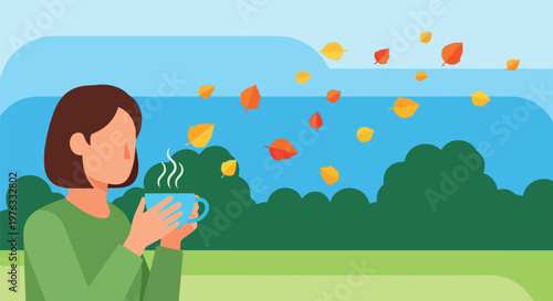 Illustration of woman holding a cup of hot beverage outdoors with steaming cup and autumn leaves falling in the background