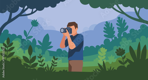 Illustration of a man with a camera takes a photo in a dense forest, surrounded by trees and foliage, with a blue sky and clouds in the background