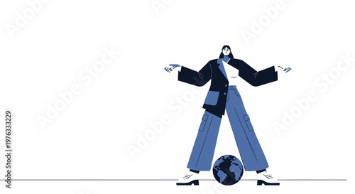 Businessman balancing on globe, balance act, corporate world, vector illustration