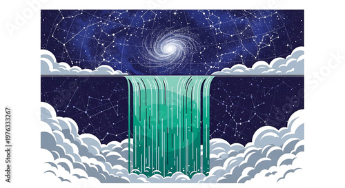 A vibrant vector illustration of a celestial waterfall flowing into the clouds under a starry night sky