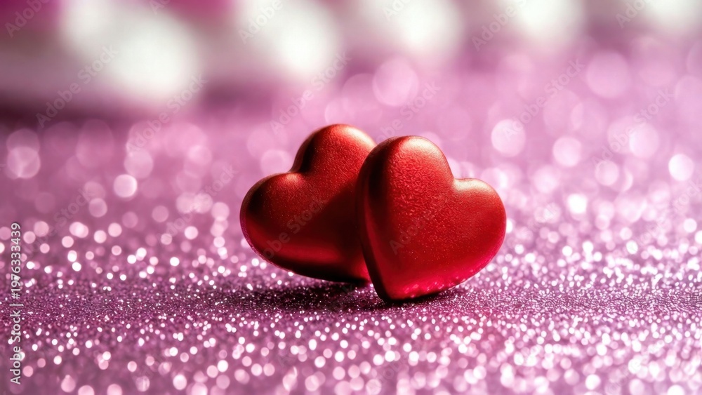 Fototapeta premium Two red heart decorations leaning together on glitter surface