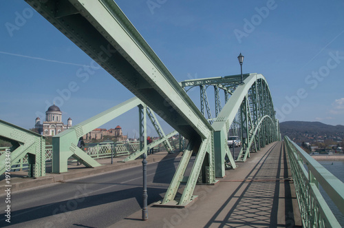 Mária Valéria Bridge over Danube river with Esztergom Basilica in the background, Hungary-Slovakia border