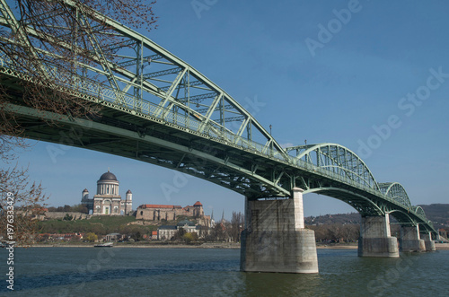 Mária Valéria Bridge over Danube river with Esztergom Basilica in the background, Hungary-Slovakia border.