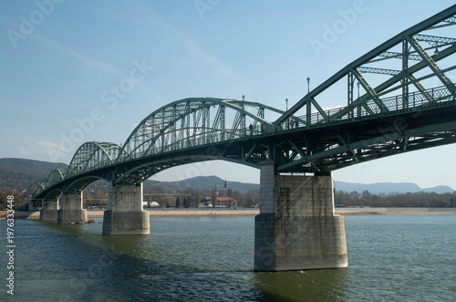 Maria Valeria Bridge spanning the Danube river between Hungary and Slovakia, industrial steel architecture.