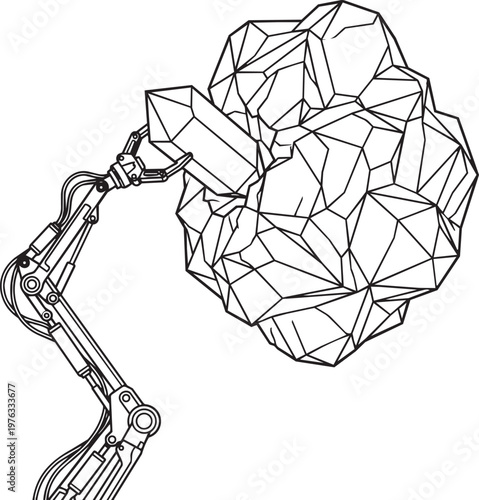 Robotic arm extracting crystal from asteroid
