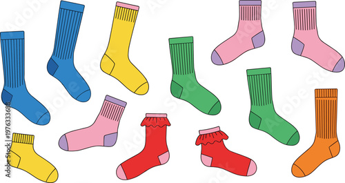 Colorful Socks Collection Vector Illustration Set Featuring Different Styles Casual Sport and Cozy Socks for Fashion Clothing and Apparel Design Projects