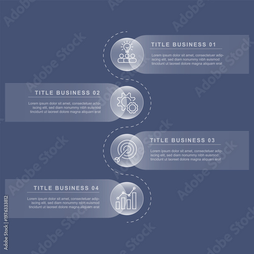 4 step vertical process circles with lines connected, 4 step infographic design template with icons and text information