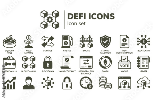 DeFi Mechanics Icon Set Liquidity Pool Yield Farming Slippage Gas Fee Bridge Staking Validator Blockchain UI Documentation Vector Illustration