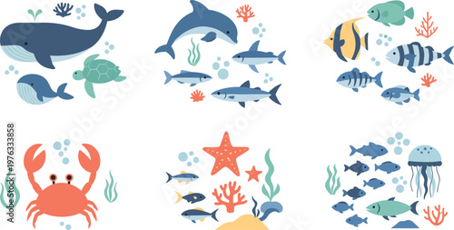 Ocean Marine Life Collection Set Featuring Whale Dolphin Shark Fish Crab Jellyfish and Coral Reef for Underwater Illustration Design.