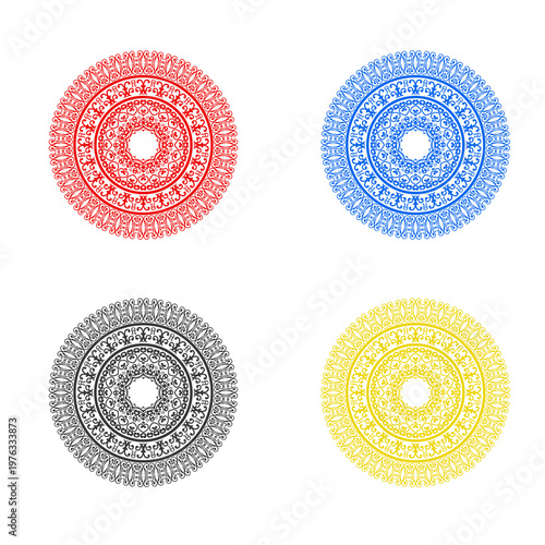 Foto Set of colorful circular lace mandalas featuring red blue grey and yellow variations for decorative art work