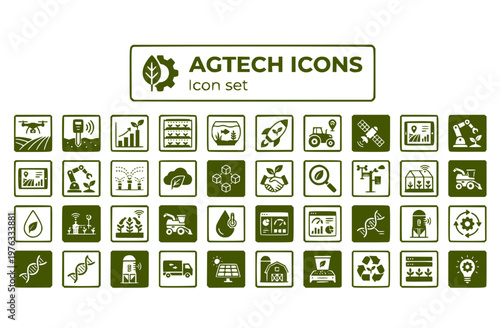 AgTech Precision Farming Icon Set Drone Scouting Soil Sensor Crop Yield Analytics Vertical Farming Aquaponics Agriculture Startup Vector Illustration