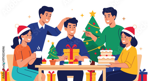 Diverse group of smiling friends sitting around table during christmas dinner with presents and cake. Festive winter holiday celebration scene with evergreen tree and decoration.