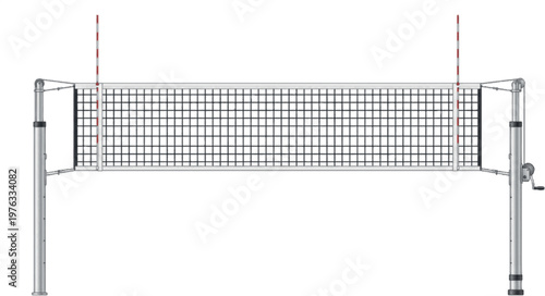 Professional volleyball net and posts ready for an athletic game, illustrating equipment setup for competitive indoor or outdoor sports play