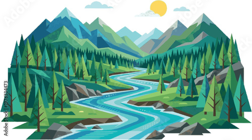 Vibrant Geometric Landscape Illustration of a Winding River Flowing Through Majestic Mountains and Lush Pine Forests Under a Sunny Sky