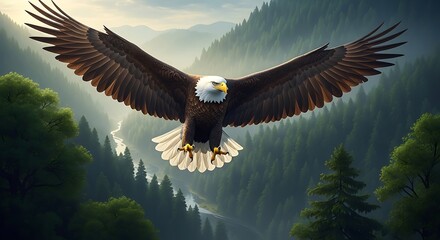 Majestic bald eagle soaring through the mountains a symbol of freedom and power