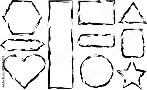 Set of grungy hand drawn ink frames in various geometric outline shape