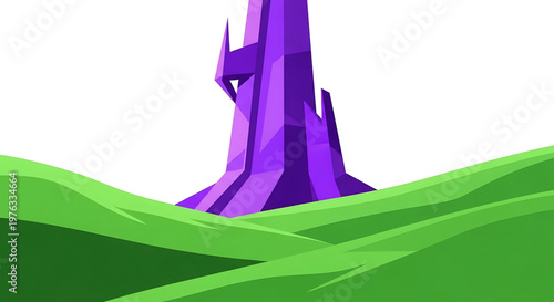 A vibrant purple tower stands tall on a green hill in a minimalist vector landscape