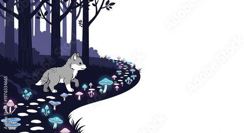 A wolf walks along a winding path of glowing mushrooms in a mystical forest at dusk.