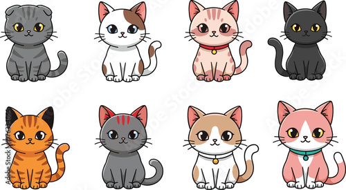 Cute Cat Collection Vector Illustration Set Featuring Cartoon Kittens with Different Colors and Expressions for Pet Animal Design Projects