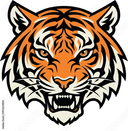 Fierce tiger head illustration, symbolizing untamed power and determination. This stylized wildcat captures a competitive spirit, ideal for strong branding and dynamic visual concepts