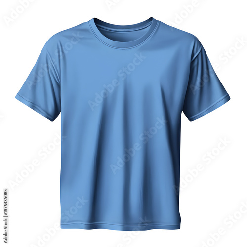 Blank Blue Cotton T-Shirt Mockup Isolated on White Background, Front View of Casual Men's Short Sleeve Tee for Branding and Design