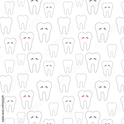 Seamless pattern with cute smiling tooth characters on white. Kawaii dental health background for kids hygiene and dentistry.