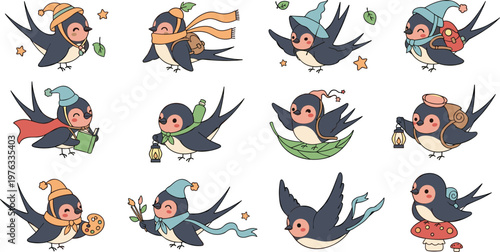 Cute Swallow Birds Dressed in Cozy Outfits and Accessories for Adventuring and Exploring