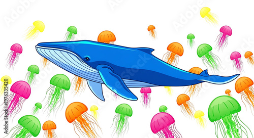 A colorful vector illustration of a whale swimming with a school of jellyfish in vibrant ocean waters