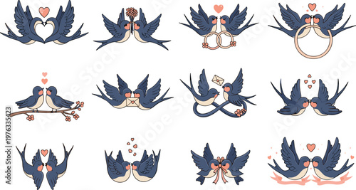 Set of Charming Swallow Birds in Love with Hearts, Flowers, Rings, and Romantic Symbols in Flat Style Illustrations