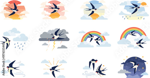 Set of Swallow Birds Flying in Different Weather Conditions with Clouds, Rain, Rainbow, Storm, and Sky Scenes in Flat Style