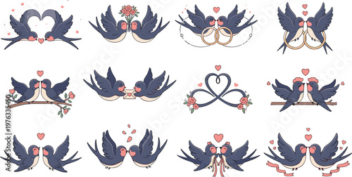 Set of Romantic Swallow Birds with Love, Heart, Flower, Rings, and Kisses in Flat Style Illustrations