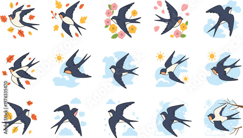 Swallow Birds Flying through the Seasons with Leaves, Flowers, Clouds, and Snowflakes in Soft Pastel Style