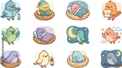 Sleepy Birds in Cozy Nests, Pajamas, Reading, and Dreaming with Stars and Moon