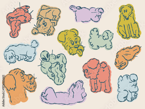 Playful hand-drawn doodle set with silly and awkward dogs. Naive, imperfect vector illustrations for stickers, social media, pet brands, veterinary design, dog training, packaging, and fabric.