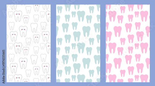 Set of three cute dental seamless patterns. Kawaii smiling tooth characters and minimalist pink and blue silhouettes.