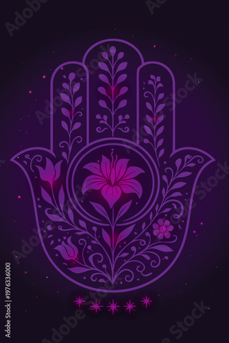 Floral Hamsa of Cosmic Protection. A detailed floral Hamsa with a central blooming flower, leafy finger patterns, and a purple cosmic background. Glowing star symbols below enhance the mystical, prote