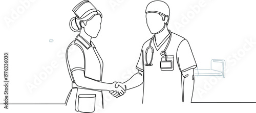 Professional female nurse and male surgeon shaking hands to form a solid partnership in a modern medical hospital setting drawn with a single continuous line