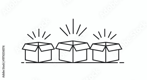 Unlock potential with this illustration featuring three open boxes radiating light, symbolizing emerging ideas, exciting opportunities, and valuable discoveries