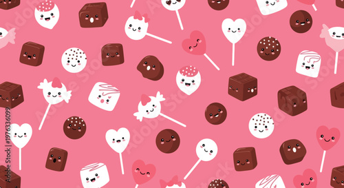 Kawaii Sweets and Candies Pattern Featuring Cute Chocolate Candies and Lollipops on a Pink Background